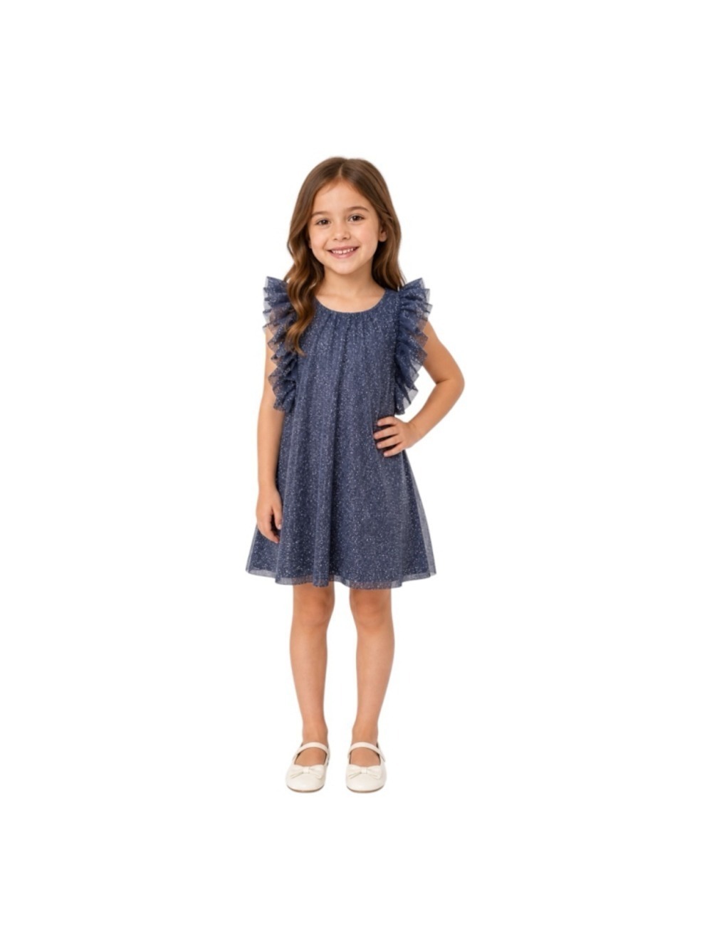 Tahari Girls Navy Sparkle Ruffle Sleeve Dress Size 6 Party Holiday